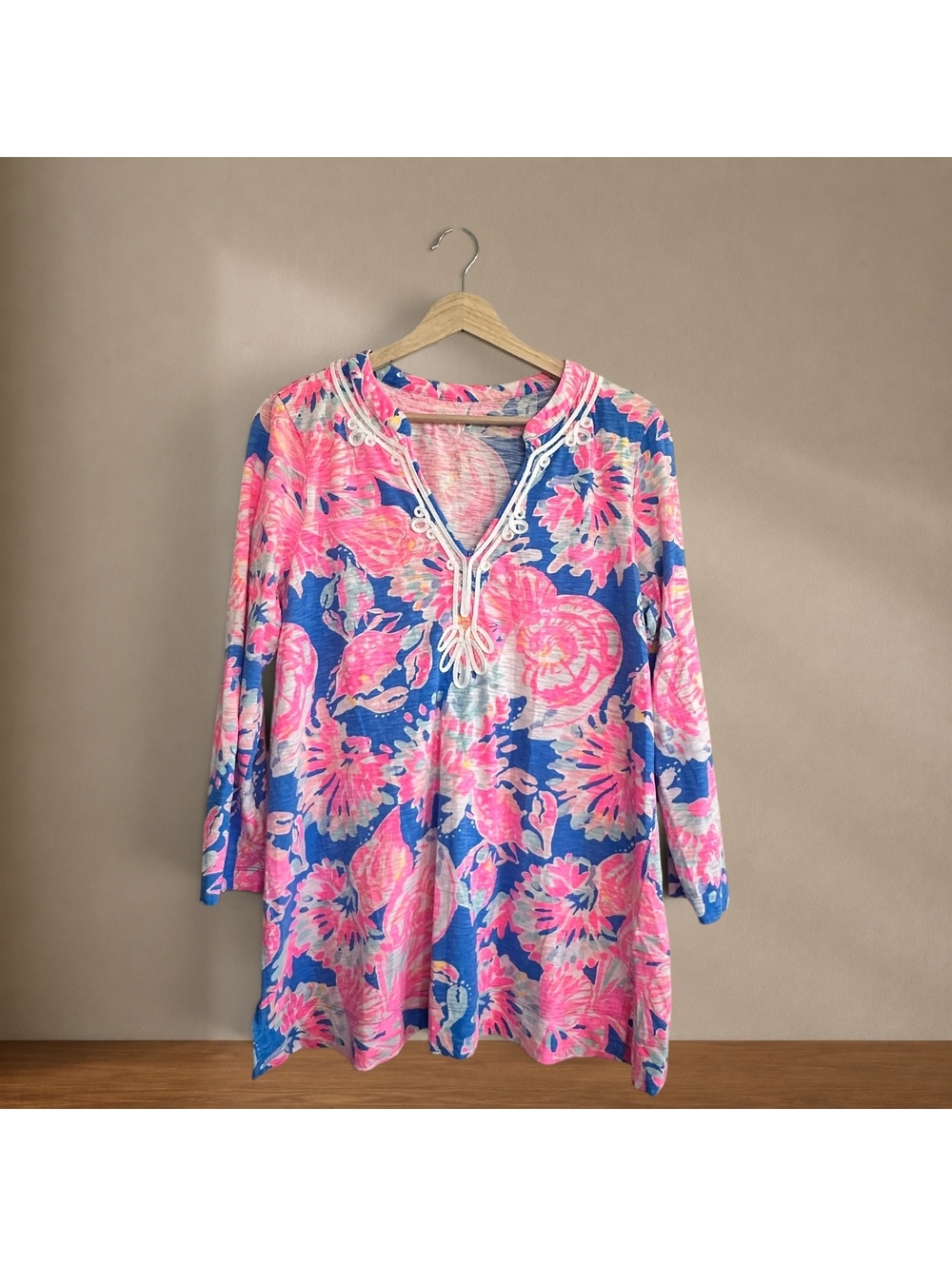 Lilly Pulitzer Justina Tunic Gypsea Pink Blue Floral 3/4 Sleeve